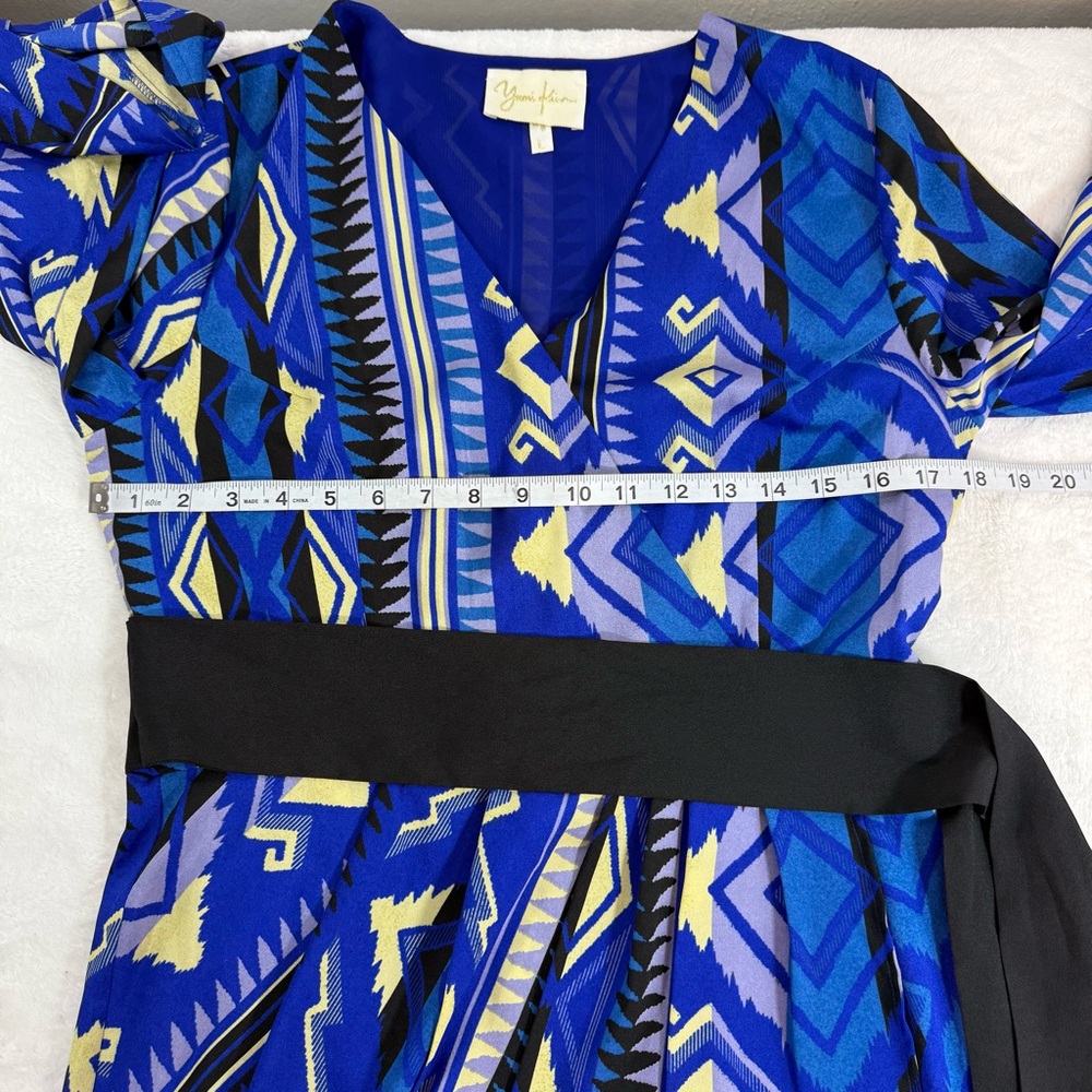 Yumi Kim Blue 9 to 5 Geometric Aztec Belted Faux Wrap Dress Tulip Womens Size LG - Picture 12 of 13